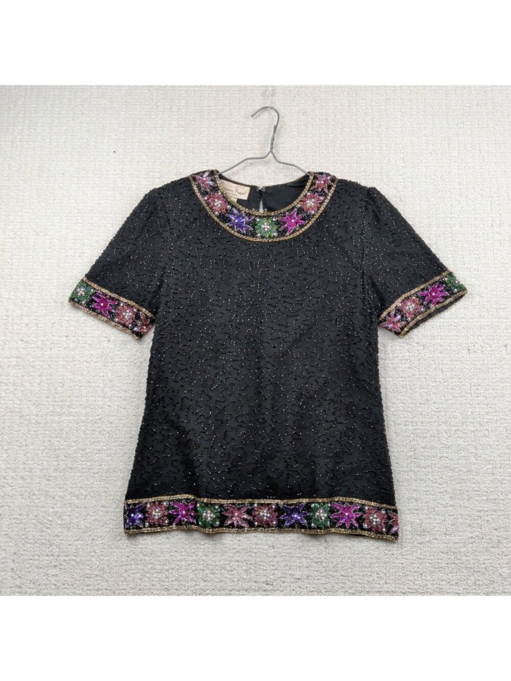 Vintage Laurence Kazar Multicolor Sequin Beaded Silk Glam Cocktail Top Size 8